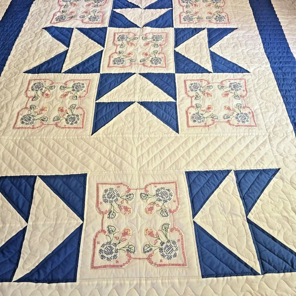 Vintage Handmade Quilt 88x103 Blue & White Cross Stitch Prairie Point Edge Queen